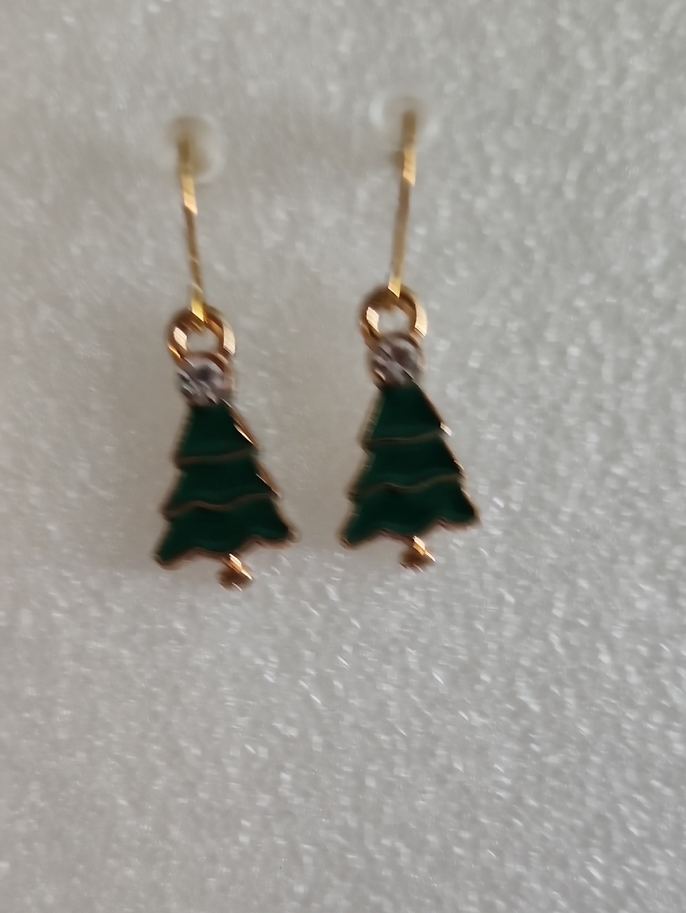 Hand Crafted Green Enamel Christmas Tree Dangle Earrings — Gold Accent